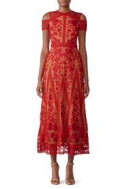 Red Lace Tea Length Dress by Marchesa Notte