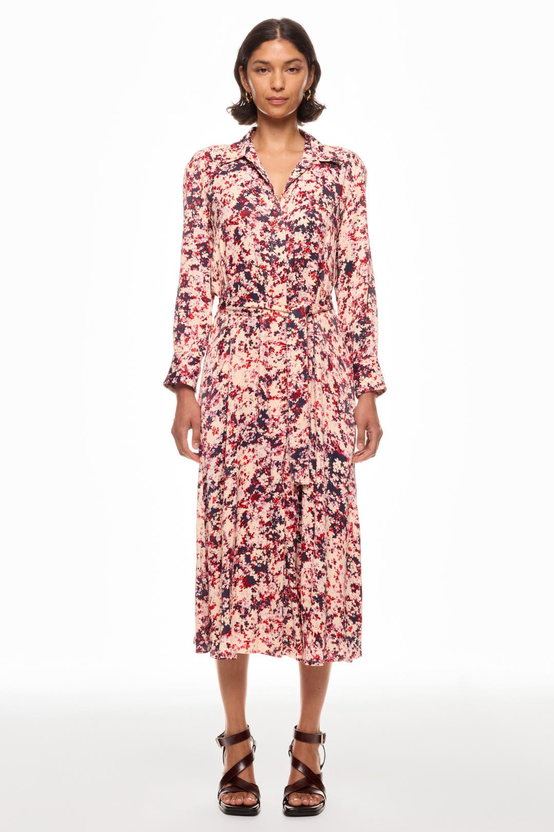 【BOSS】 BUTTON PLACKET DRESS BOSS - Keyhole-neckline dress with plissé insert - Dark Red