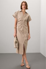 Beige Ruched Shirt Dress by Saunders x RTR