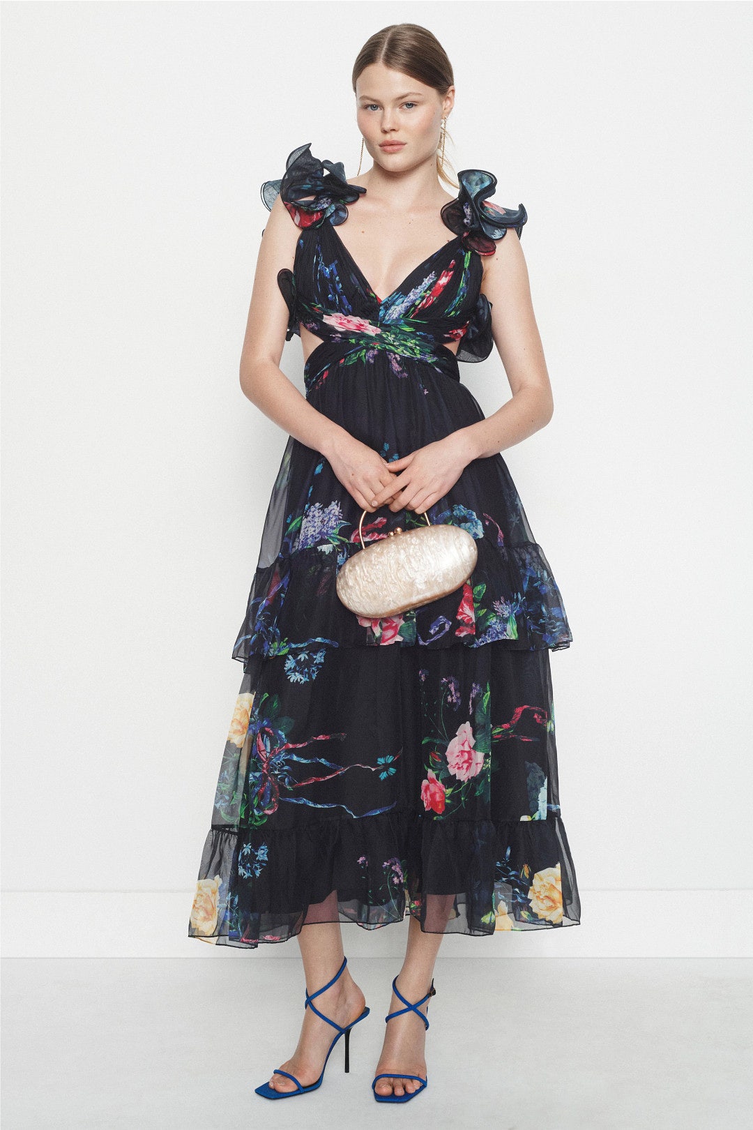 Black Ruffle Tiered Floral Cut-Out Chiffon Dress by Ieena for Mac Duggal 0