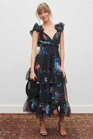Black Ruffle Tiered Floral Cut-Out Chiffon Dress by Ieena for Mac Duggal