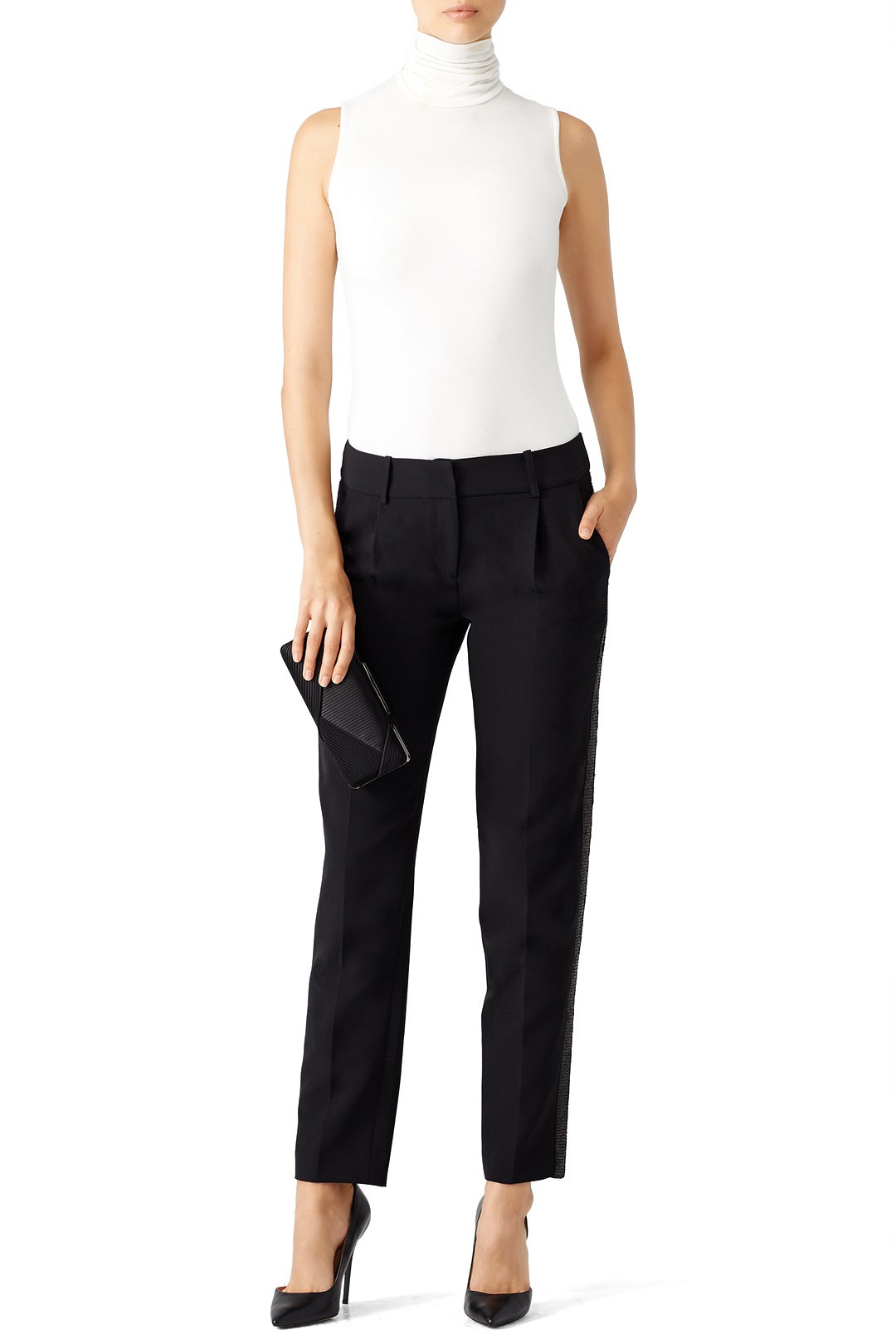 Black Italian Cady Sequin Tuxedo Pants by Milly 0