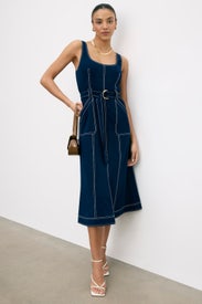 Denim Contrast Stitch Midi Dress by Luxely