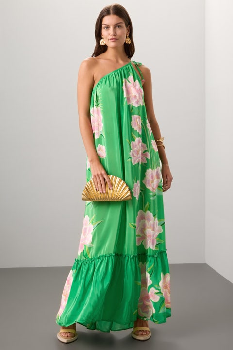 Riviera Wide Strap Rayon Dress in Green Floral