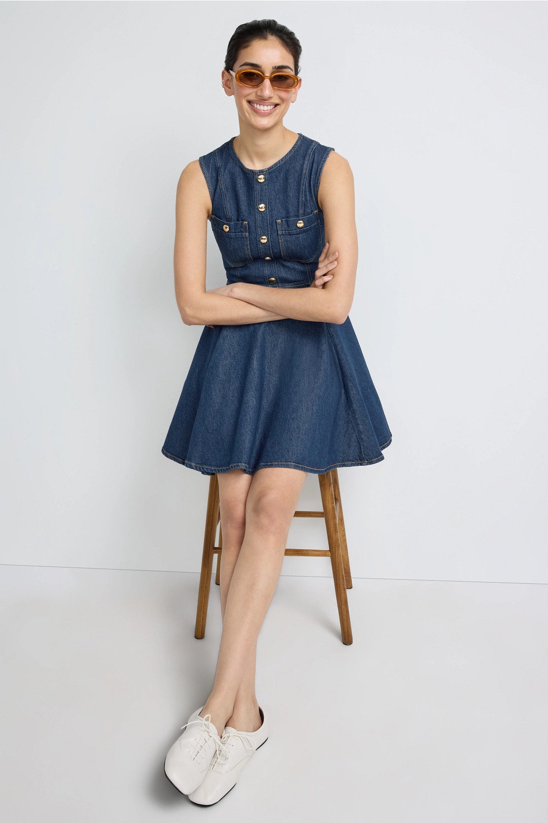 Maje Sleeveless Denim Mini Dress With Gold-tone Buttons - Blue Maje Sleeveless Denim Mini Dress With Gold-tone Buttons - Blue