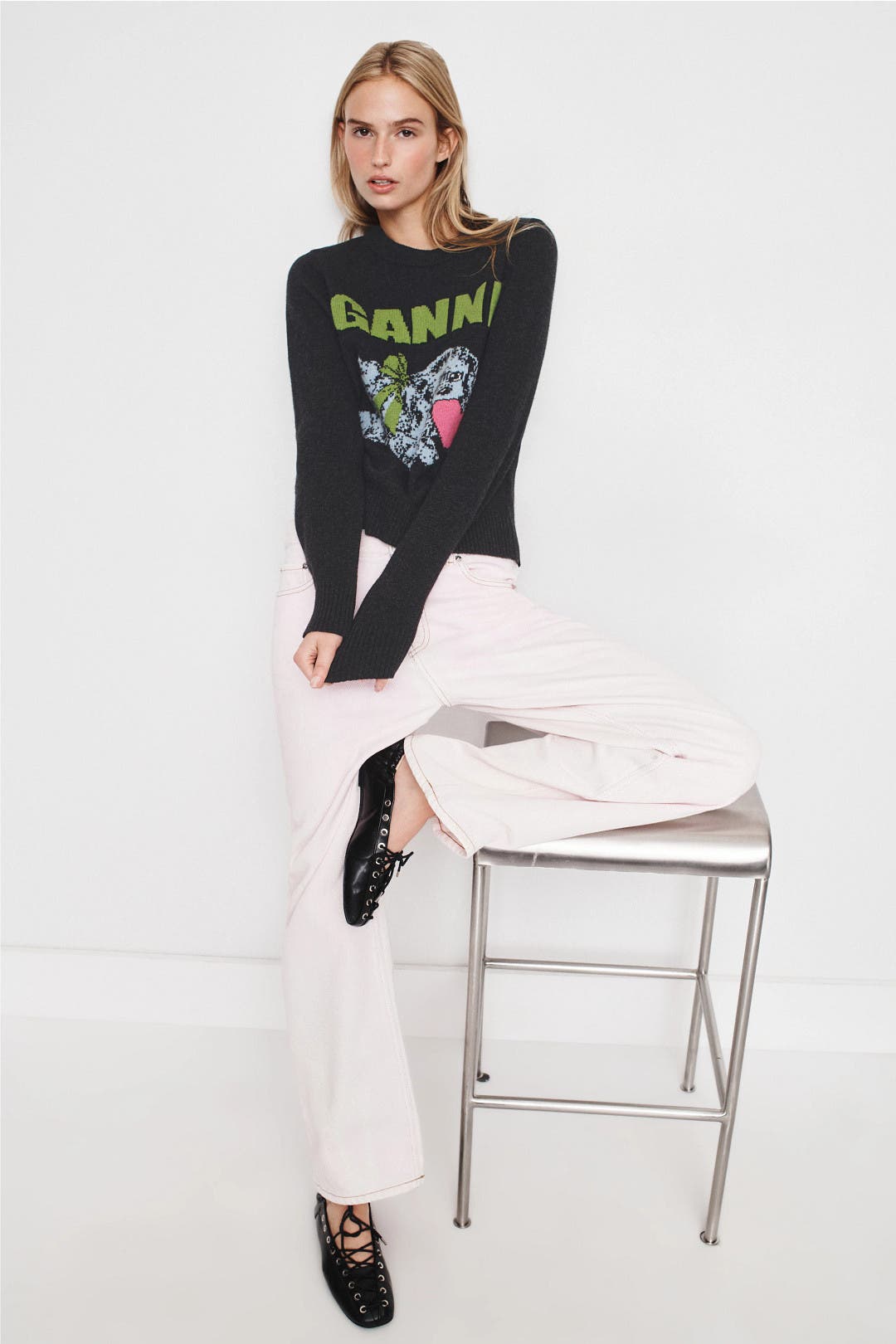 Graphic Wool Mix Puppy Love Crewneck by GANNI | Rent the Runway