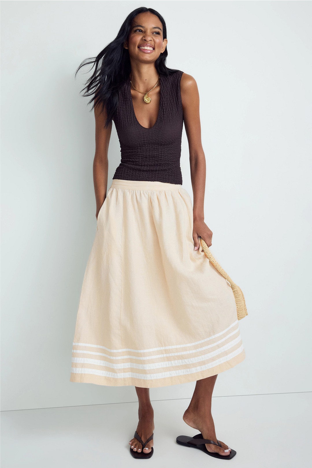Lucille White Stripe Midi Skirt by XíRENA 0