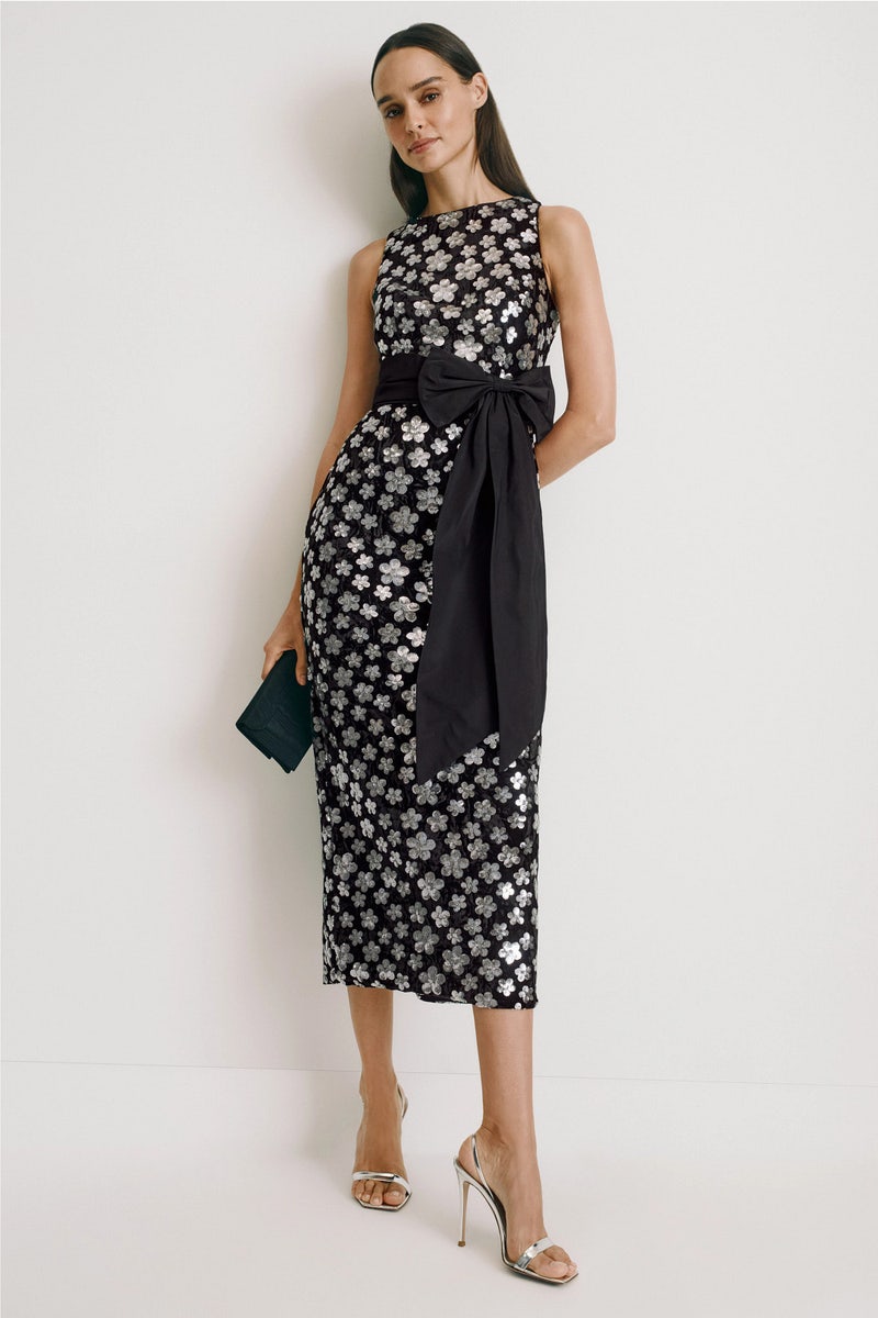 Velvet Sequin Column Ankle Dress With Bow by Ieena for Mac Duggal - Photo 0