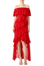 Red Off Shoulder Ruffle Gown by Badgley Mischka