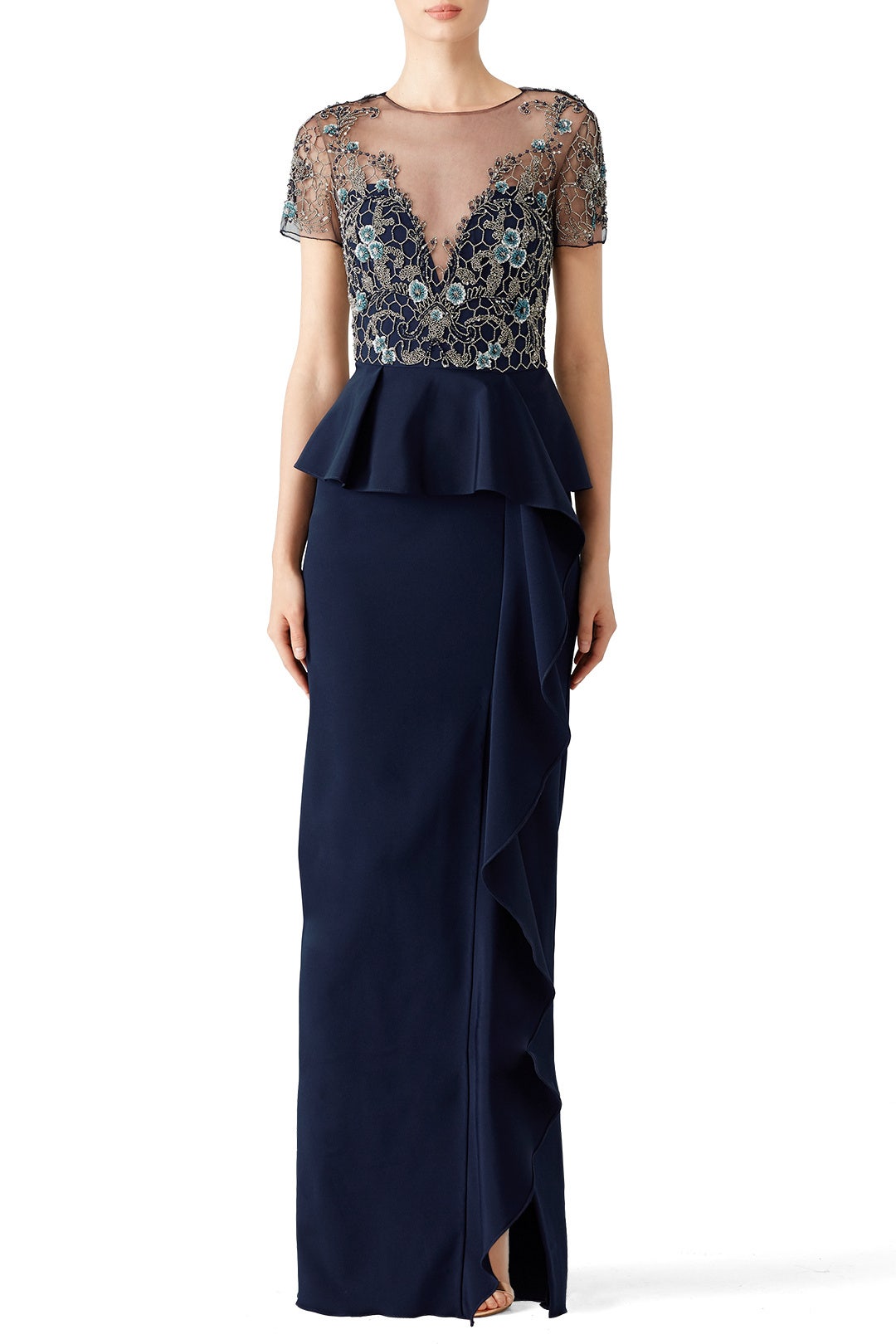 Navy Lace Ruffle Gown by Marchesa Notte 0