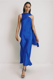 Blue Satin Dress With Neck Scarf by Adrianna