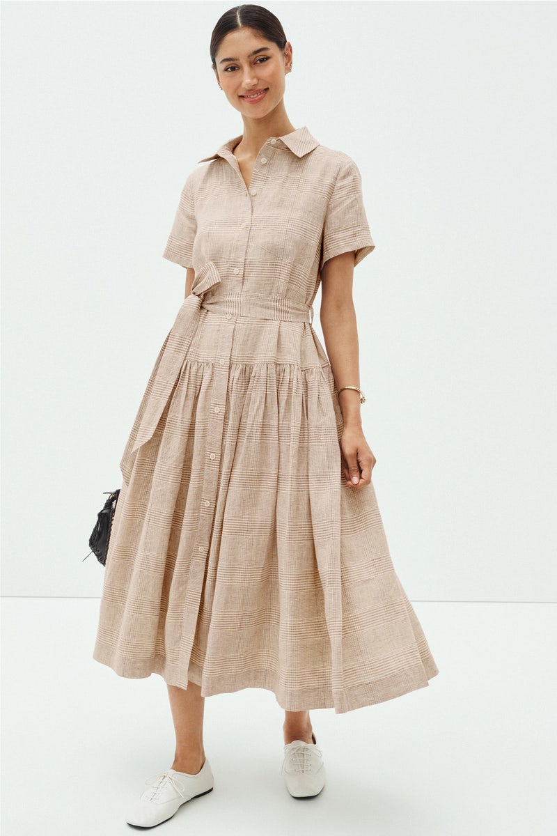 designer shirt dress Karl Lagerfeld Paris Women's Poplin Short-Sleeve Collared Striped Cotton - Soft White/Mid Navy Multi in drawstring with beaded tassel cord ends can be worn loose or cinched at the waist. Rent the Runway | Rent