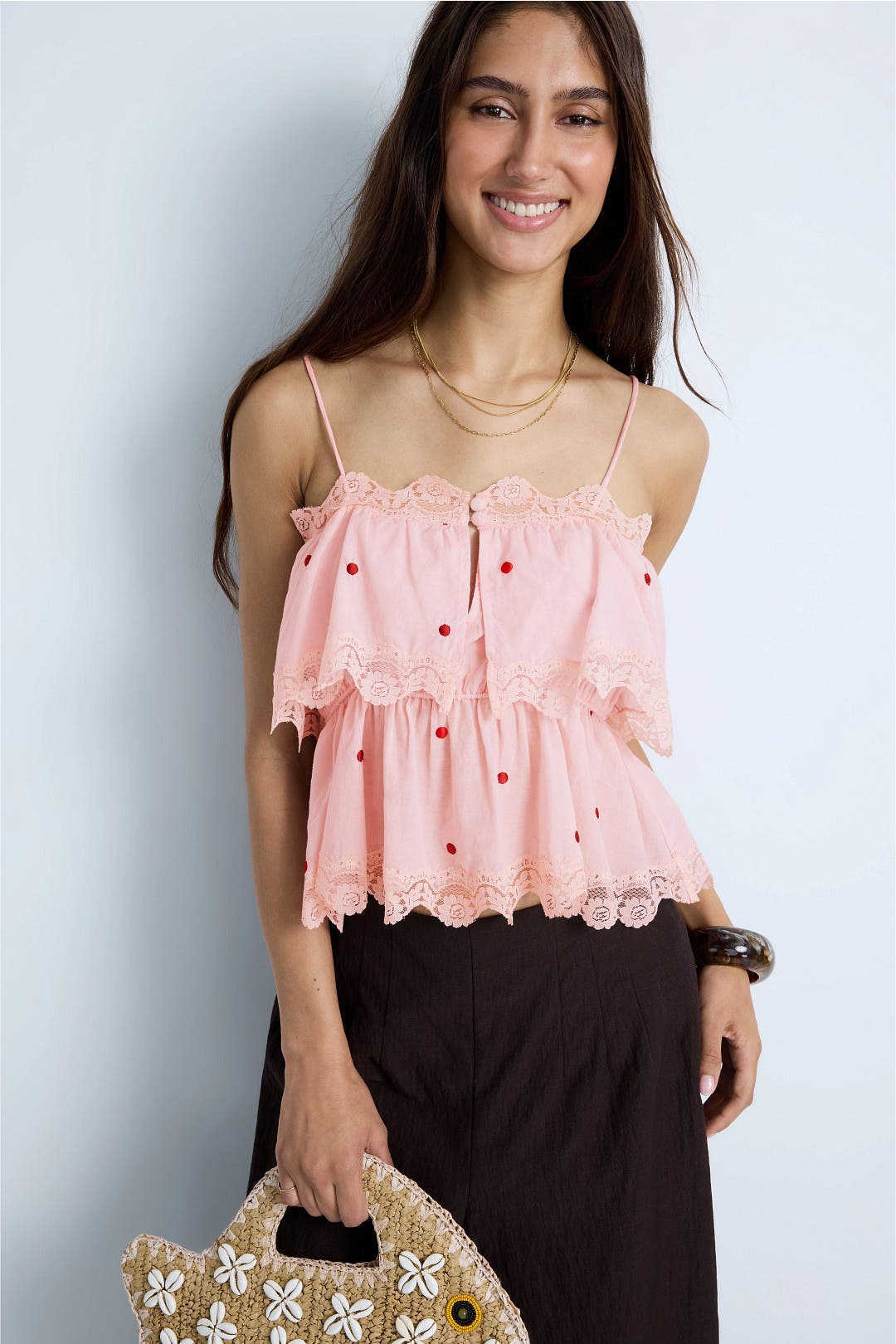 Polka Dot Embroidered Ruffle Top by RAHI | Rent the Runway