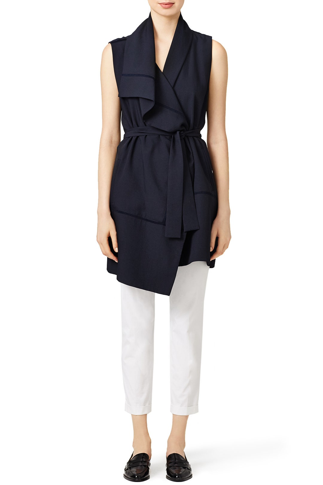Navy Blue Asymmetric Frayed Trim Vest by VINCE. 0