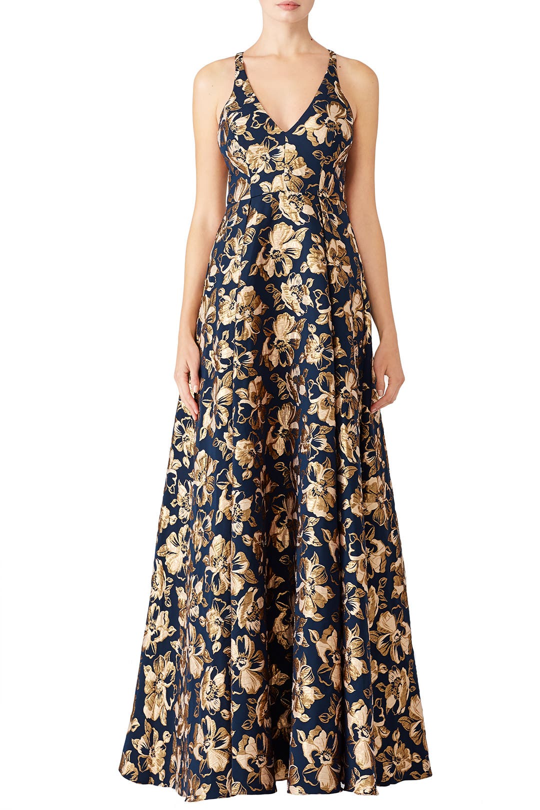 MI Flower and Stripe Jacquard Gown Hibiscus Pink Floral Jacquard Square Neck Maxi Bridesmaid Dress