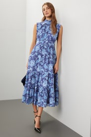 Blue Printed Smocked Midi Dress by Derek Lam 10 Crosby x RTR