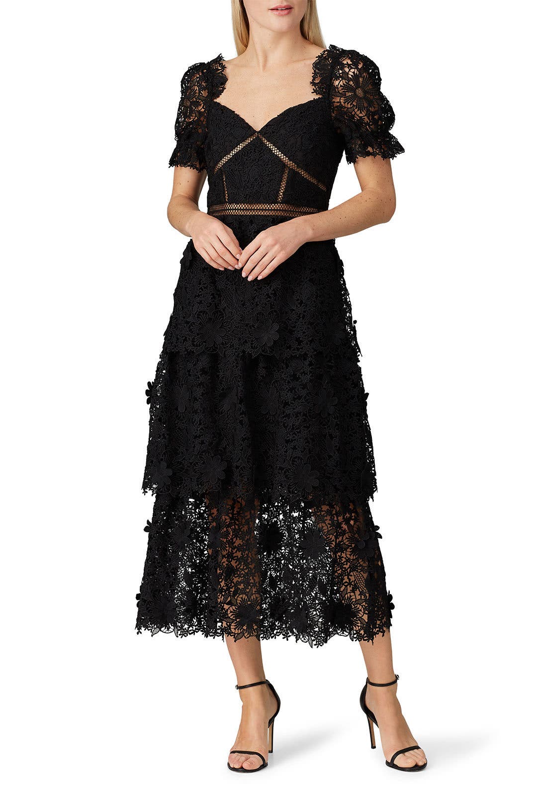 Black 3D Lace Tier Dress by Self-Portrait | Rent the Runway