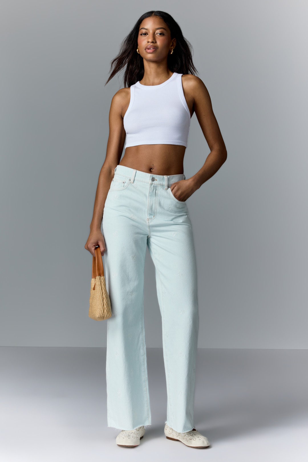 Bow Embroidered Column Jeans by LE JEAN 0