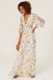 Floral Pleated Chiffon Gown by ML Monique Lhuillier