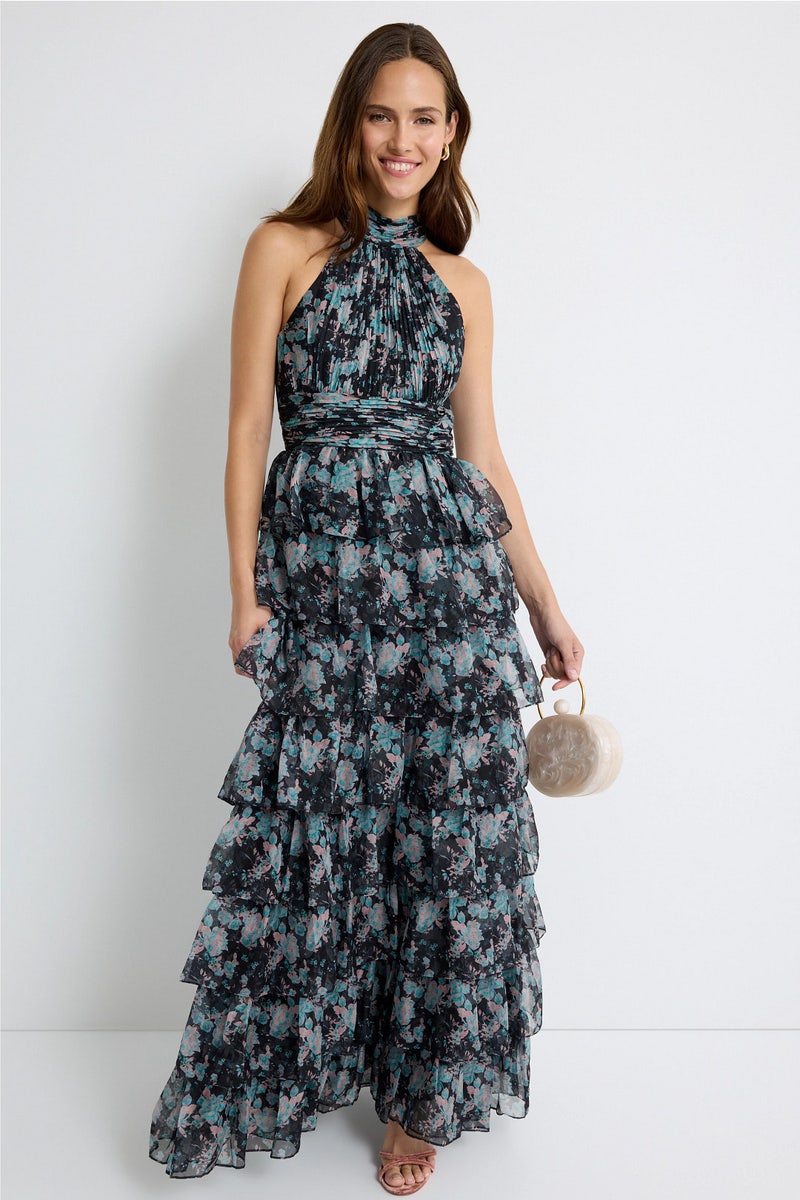 Black Floral Ruffled Gown by Ieena for Mac Duggal - Photo 0
