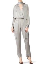 Silver Draped Jumpsuit by Juan Carlos Obando
