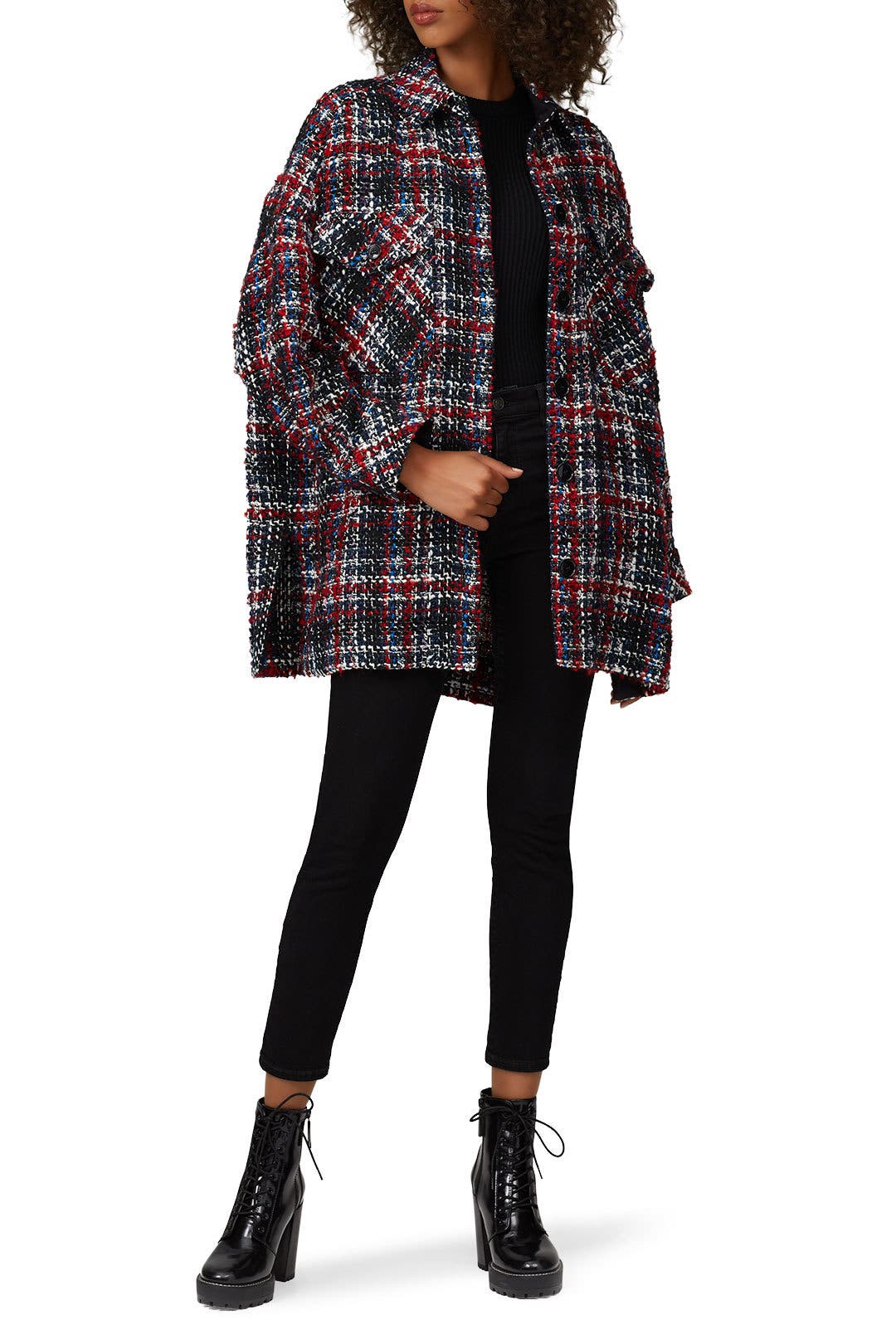 Kero　IRENE Shadow Plaid Jacket Nº21 Oversized Wool Jacket in Black Magenta Plaid Print with