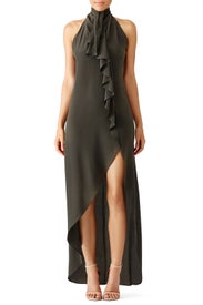 Olive Asymmetrical Ruffle Gown by Haute Hippie