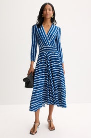 Blue Printed 3/4 Length Sleeve Midi Dress by Maje