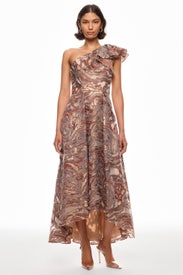 Clipped Jacquard High Low Dress by Aidan Mattox