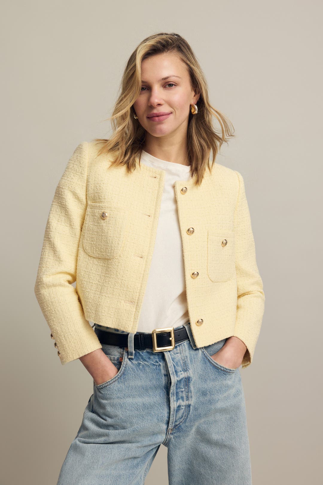 ジャケット・アウター Tweed Dot Button Collarless Jacket myzgx Women's Fall Casual Button Down Tweed Blazer Jacket