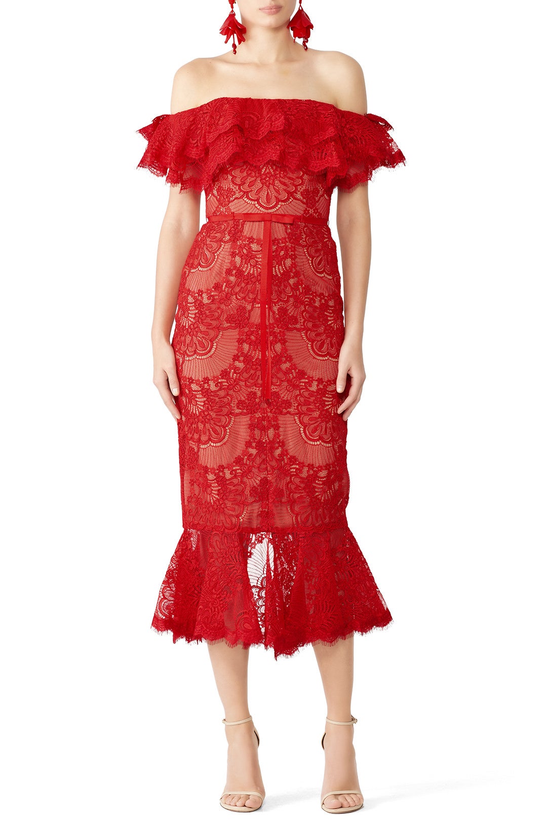 Red Laced Cocktail Dress by Marchesa Notte 0
