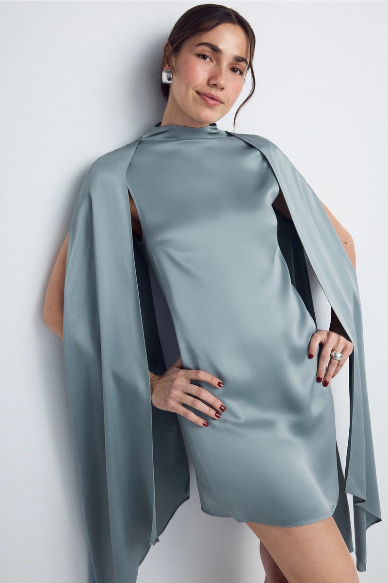 Satin Cape Sleeve Mini Dress by LAPOINTE