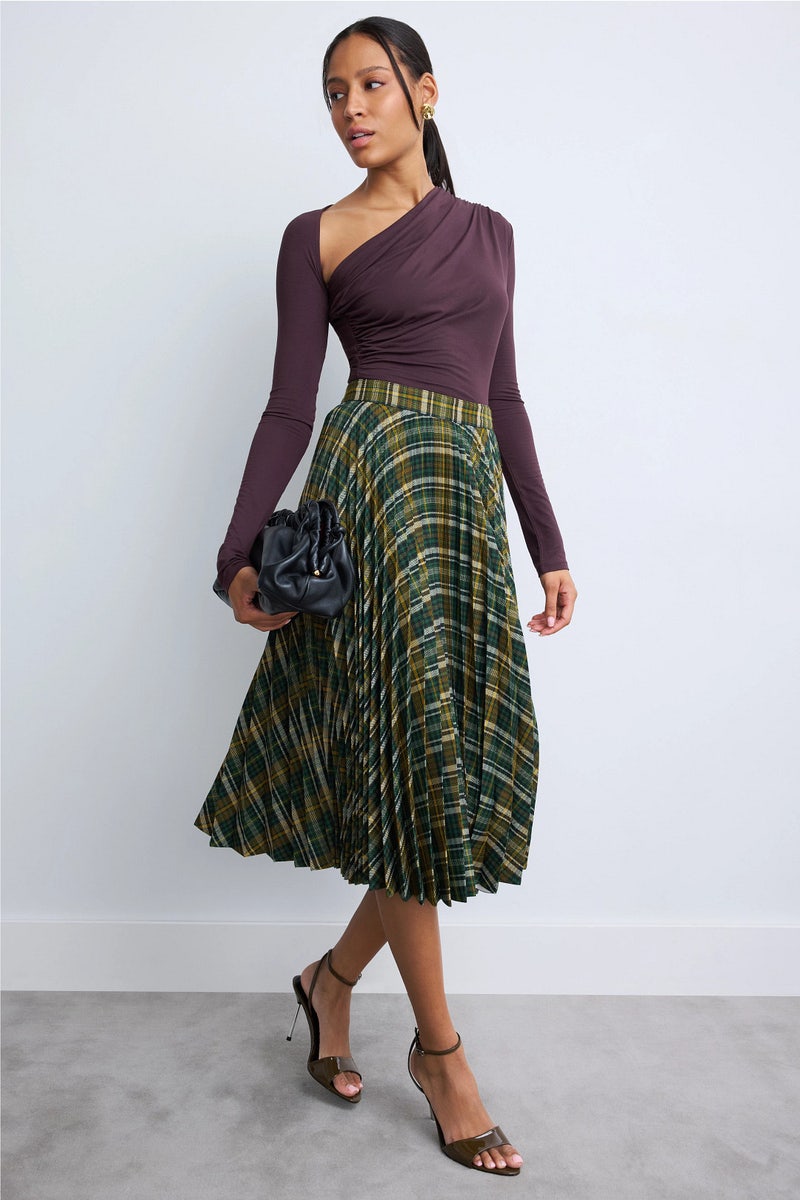 Pleated Plaid Midi Skirt by PLAN C x RTR - Photo 0