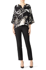 Black Leaf Print V-Neck Top by N Natori