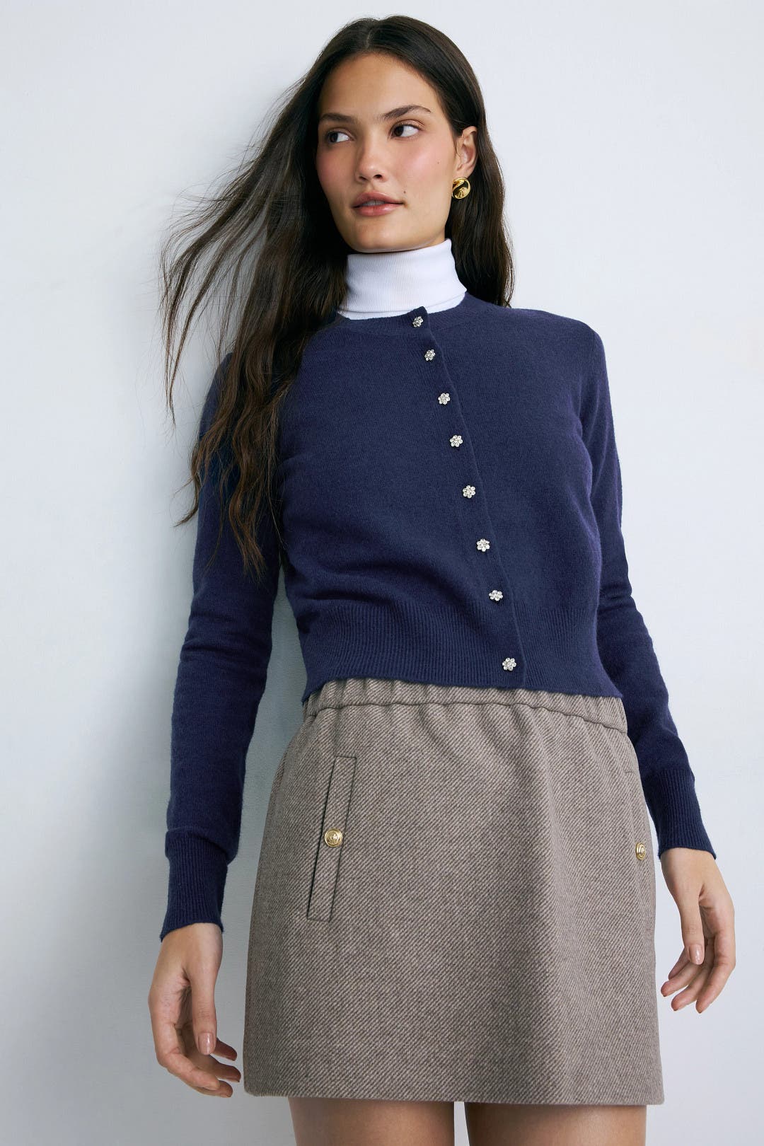 Navy Brushed Knit Cardigan With Sparkle Buttons by Adam Lippes x