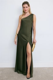 One Shoulder Dark Olive Gown by Adrianna
