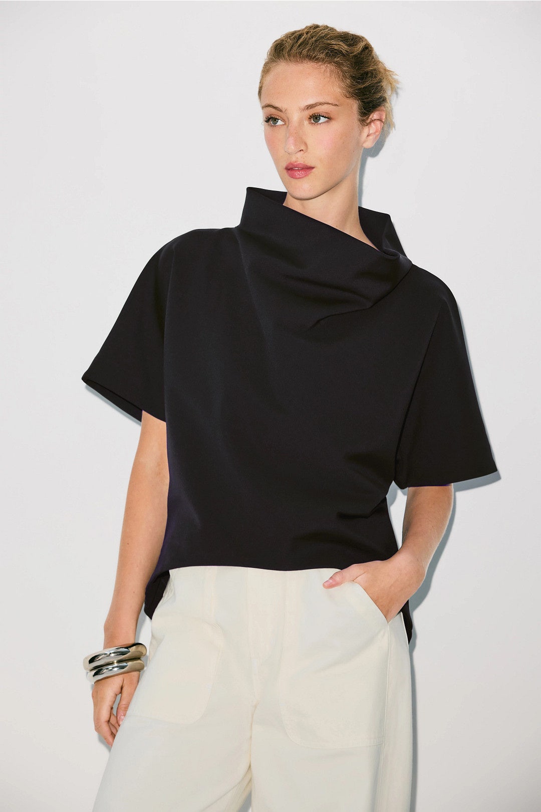 Black Crepe Mock Neck Top by Natori 0