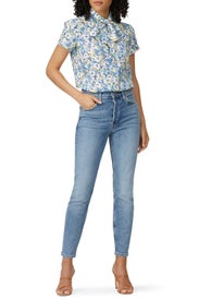 Blue Floral Tie Neck Top by Polo Ralph Lauren