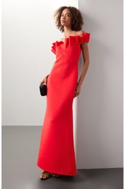 Red Off-the-Shoulder Ruffle Gown by Badgley Mischka