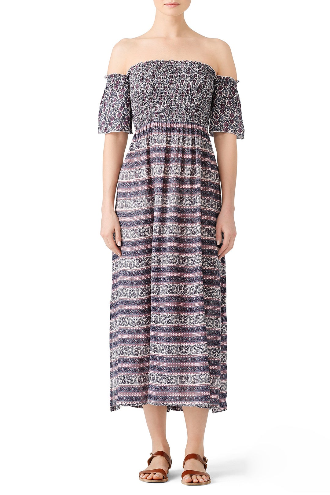 knee length dresses for ladies Raga Dresses Button Up V Neck Ruffle Trim Tassel Tie Printed Maxi Dress S / Ivory main image 0