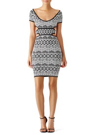 Black Printed Intarsia Off Shoulder Sheath by Ali & Jay