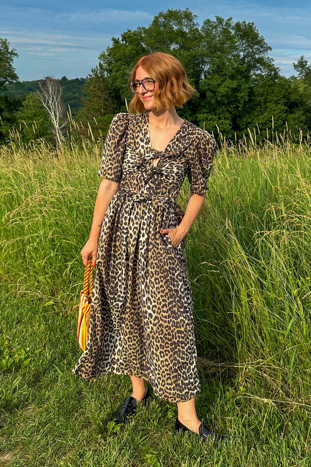 【GANNI】Leopard Printed Cotton Tie Strap Midi Dress Ganni-Leopard-Printed-Cotton-