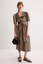 Leopard Printed Cotton Tie Strap Midi Dress by GANNI