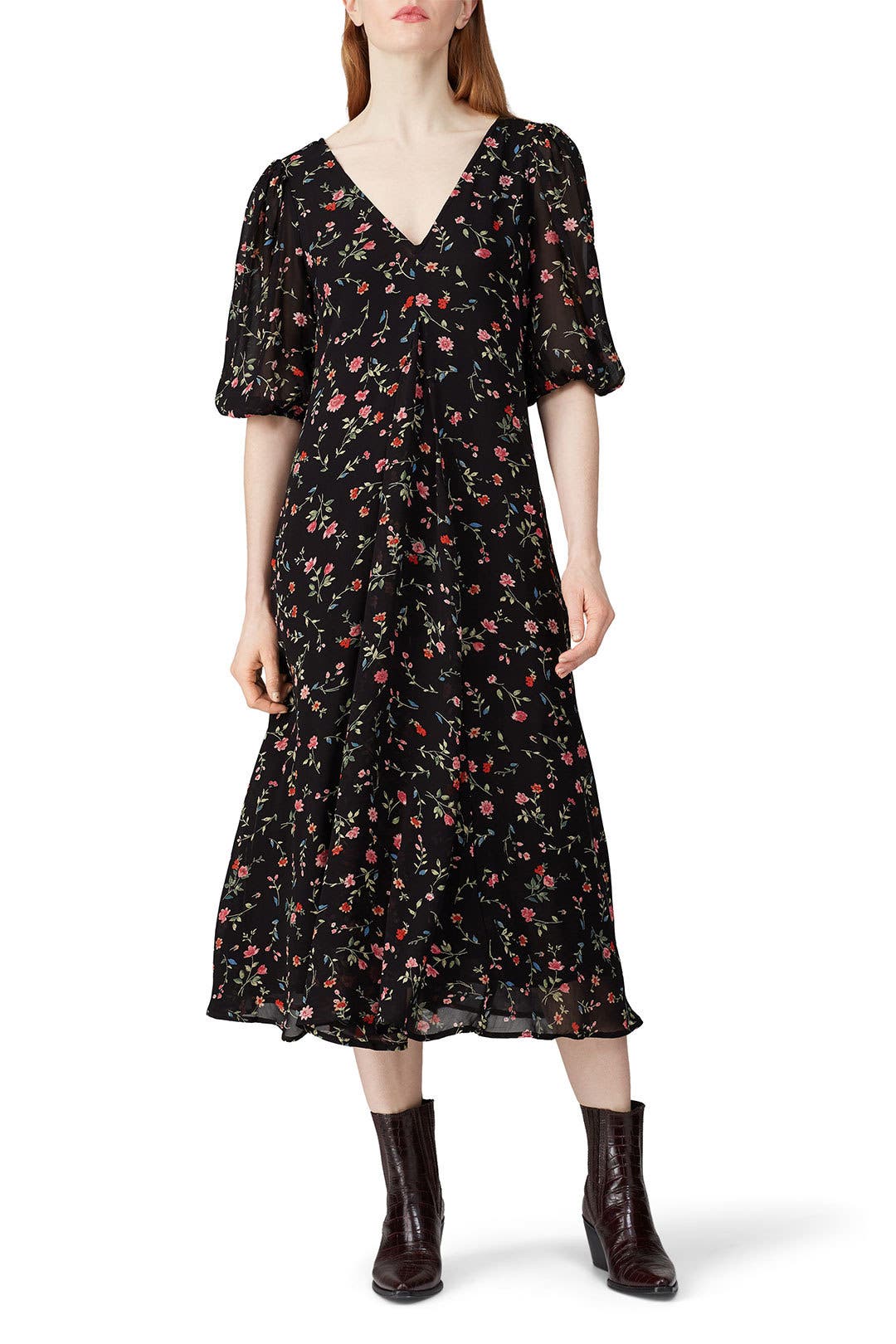ganni printed midi dress GANNI Black Floral Jacquard Midi Dress