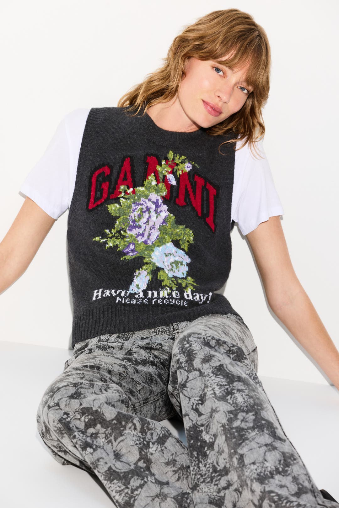 Graphic Wool Mix Flowers Vest by GANNI | Rent the Runway