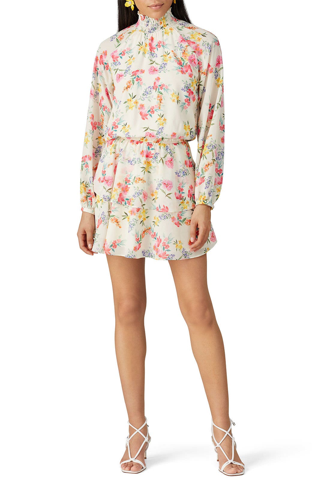 WHITE FLORAL LS HIGH NECK MINI DRESS by YUMI KIM Rent the Runway