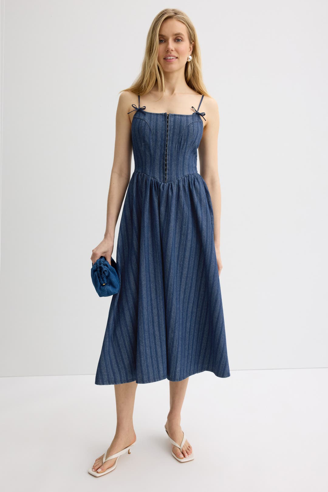 Strap Bow Detail Denim Midi Dress by Moon River | Rent the