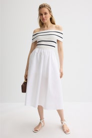 Off The Shoulder Stripe Knit Poplin Midi Dress by Milly