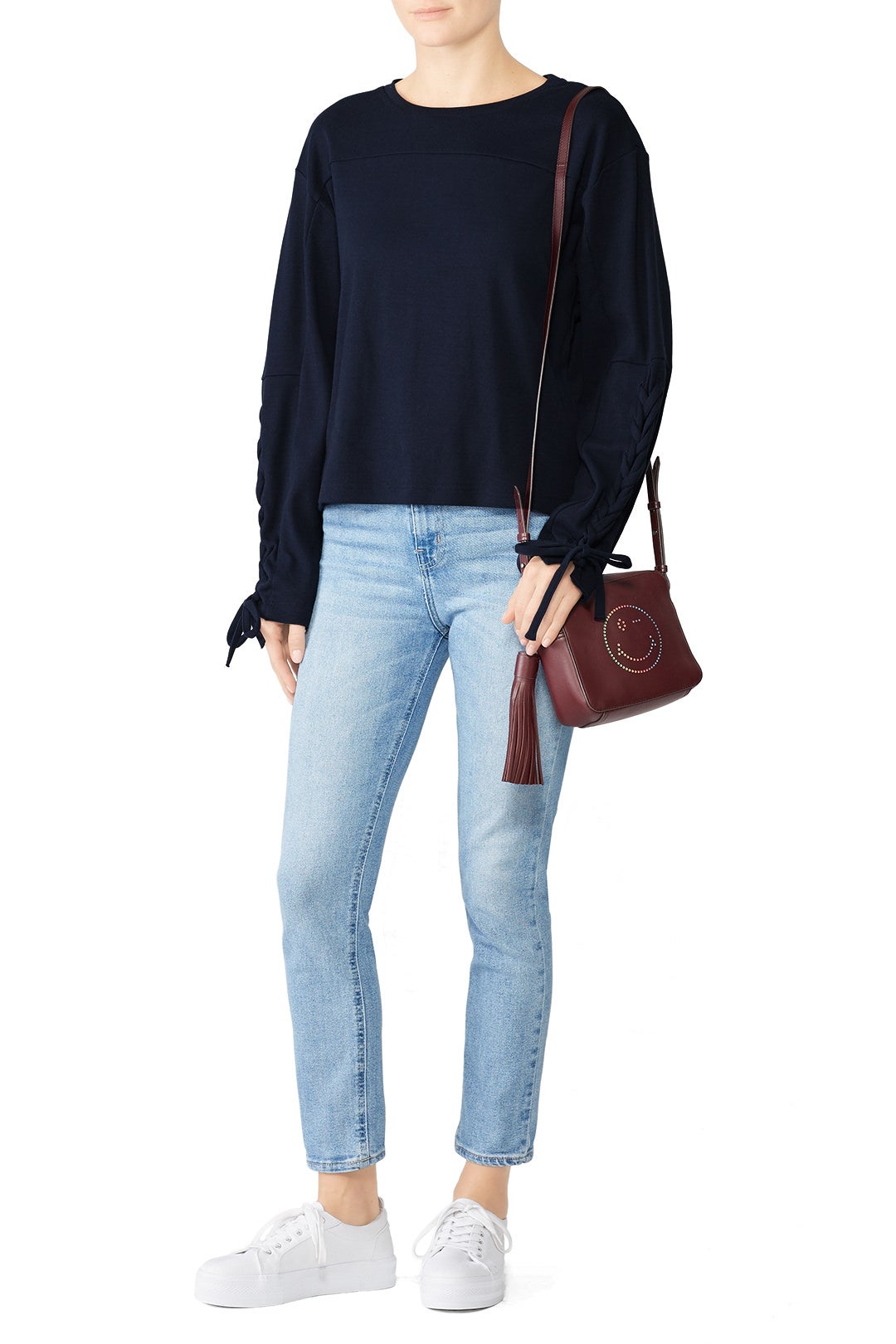 Navy Tie Sleeve Sweatshirt by Slate & Willow 0
