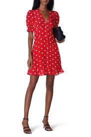 Red Short Printed Smocked Dress by The Kooples